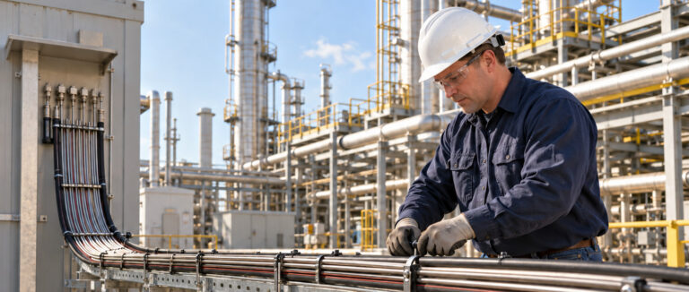 Technician in hard hat, safety glasses and gloves securing heated sample tube bundles on a cable tray at a plant