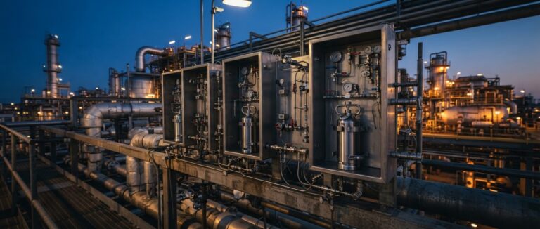 Closed-loop grab sampling stations on a refinery pipe rack at dusk