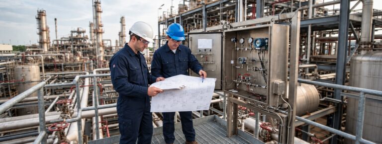 Two refinery technicians in navy FR workwear and hard hats reviewing drawings beside an analyzer panel