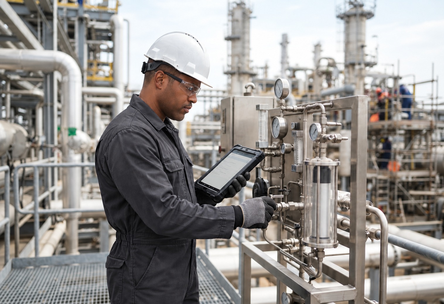 Technician with a tablet inspecting an analyzer sample system at a refinery