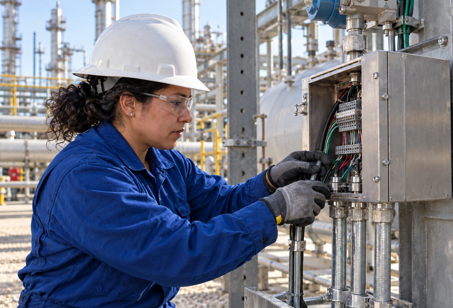 Field technician in blue coveralls wiring an instrument junction box at an outdoor gas plant