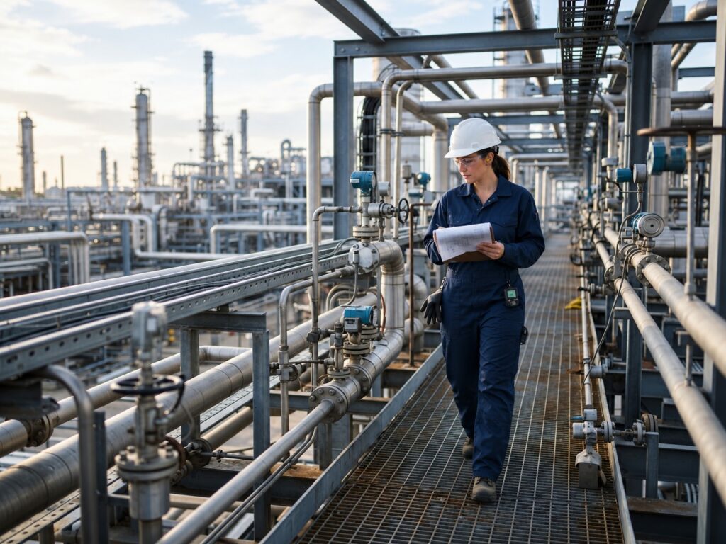 Engineer in navy workwear walking a refinery pipe rack with a clipboard