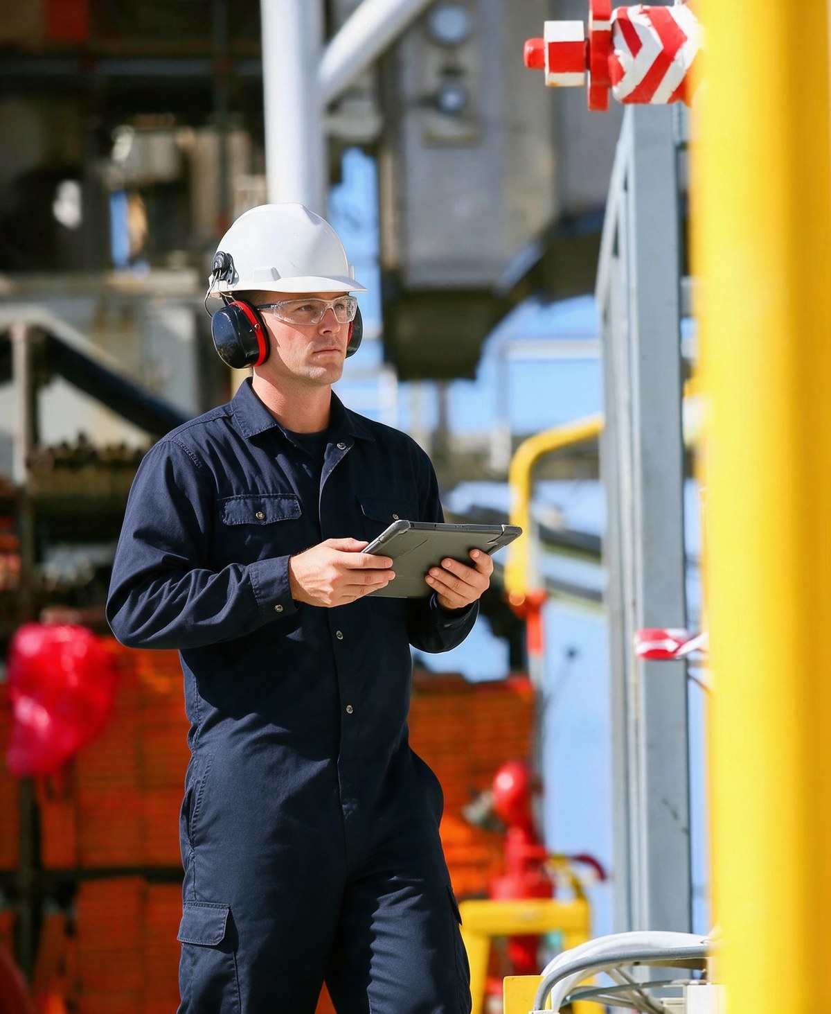 Field technician in navy FR workwear with a tablet at a processing facility